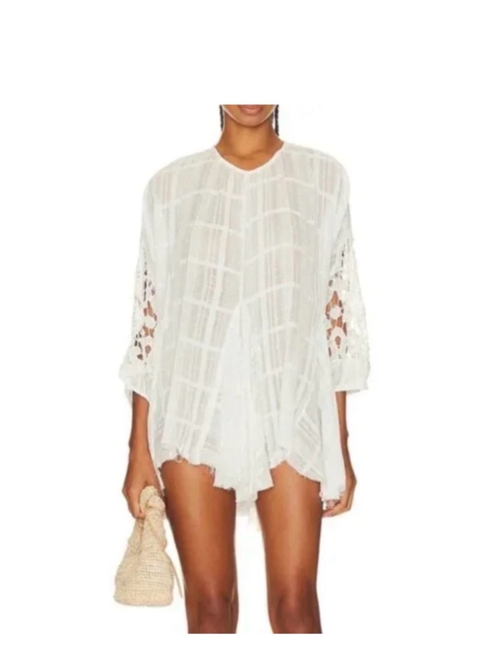 Free People Women’s White Shores Tunic Optic White Gauze Lace Sleeve Boho Top L